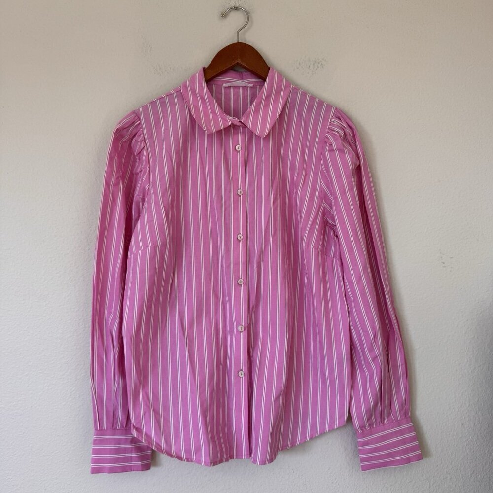 Womens Pink And White Striped Button Front Shirt Blouse Size Medium